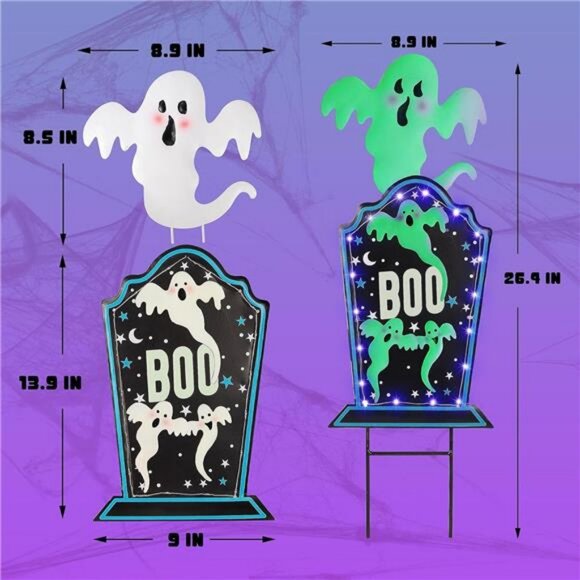 Halloween Yard Stake, 26.4" Solar Lighted Metal Tombstone with Glow in the dark - Picture 2 of 8